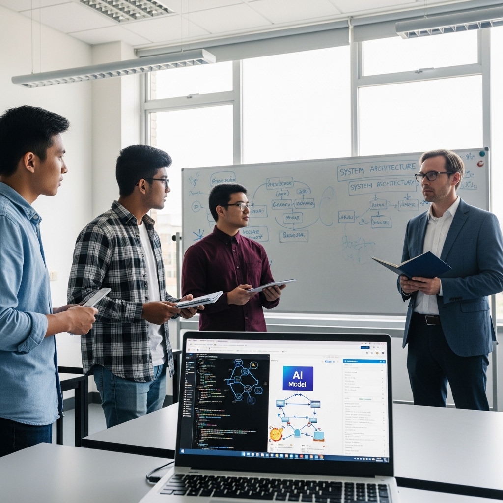 University students coding and collaborating on a project